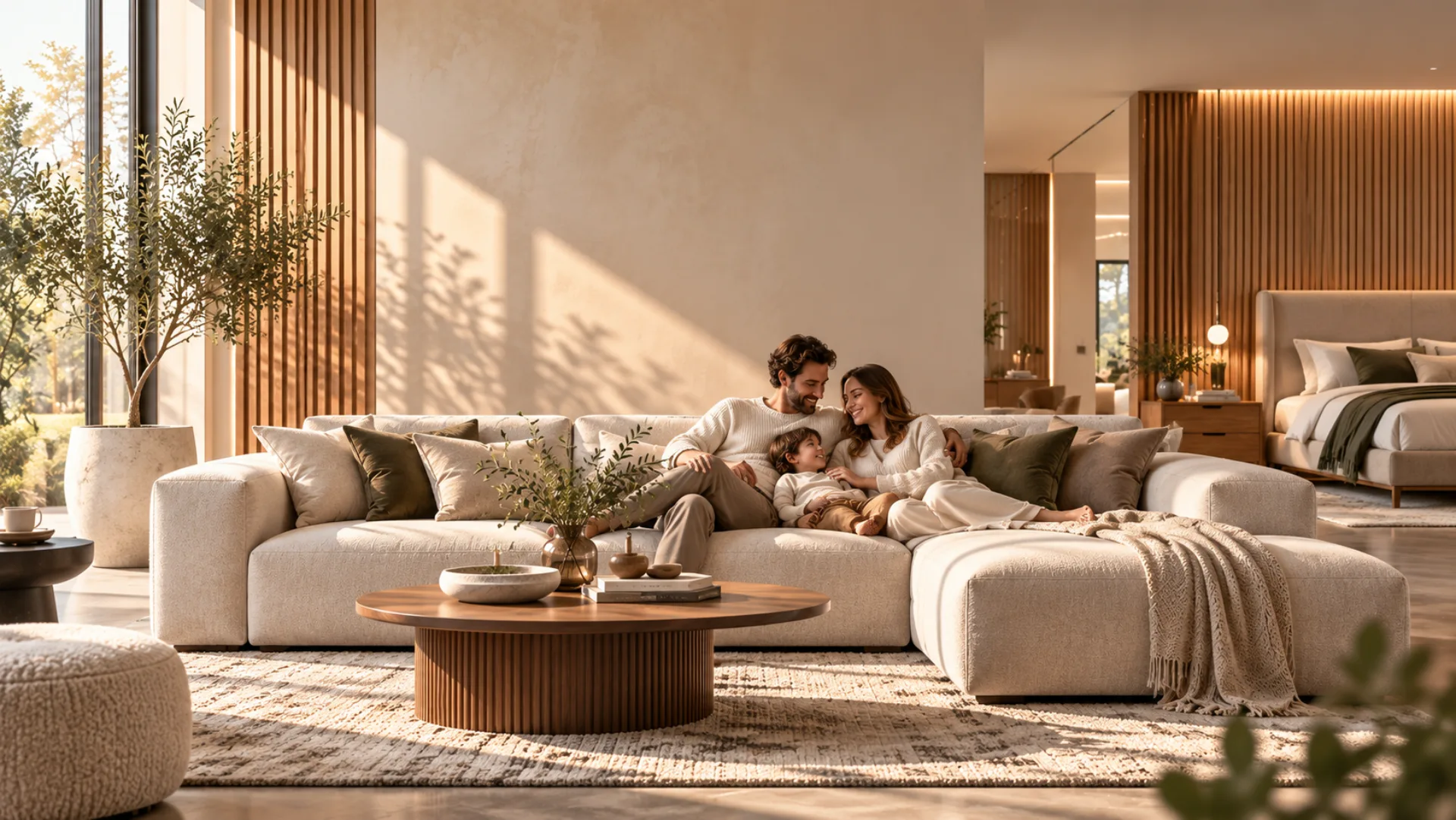 Familia descansando en un sofá modular claro en un salón cálido