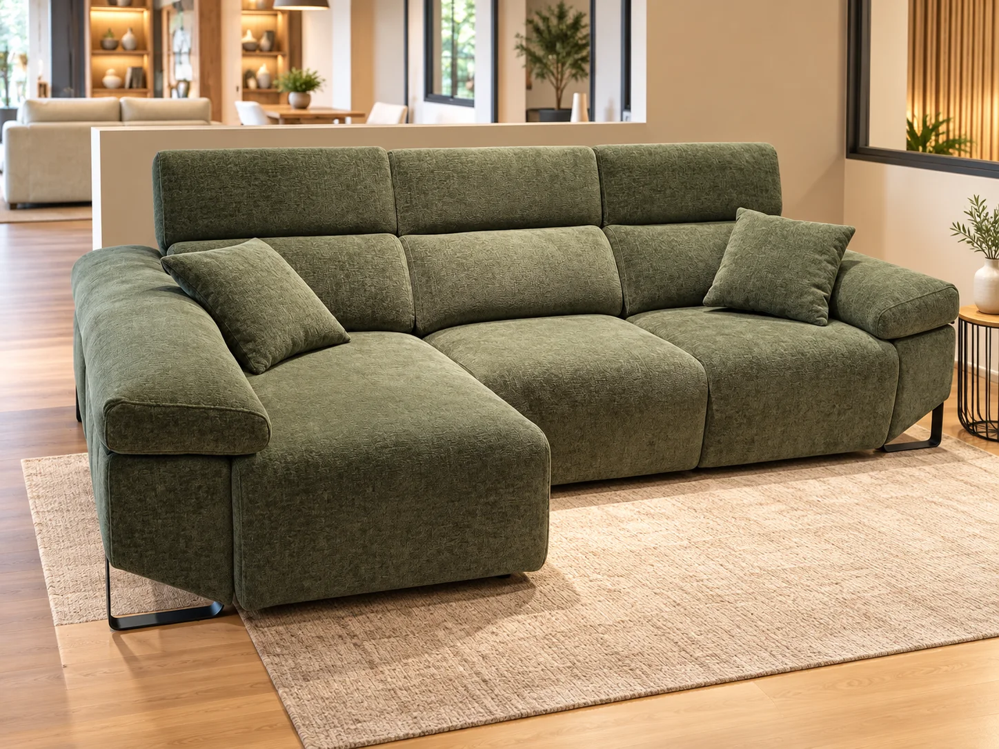 Sofá chaise longue verde en la tienda de L’Hospitalet