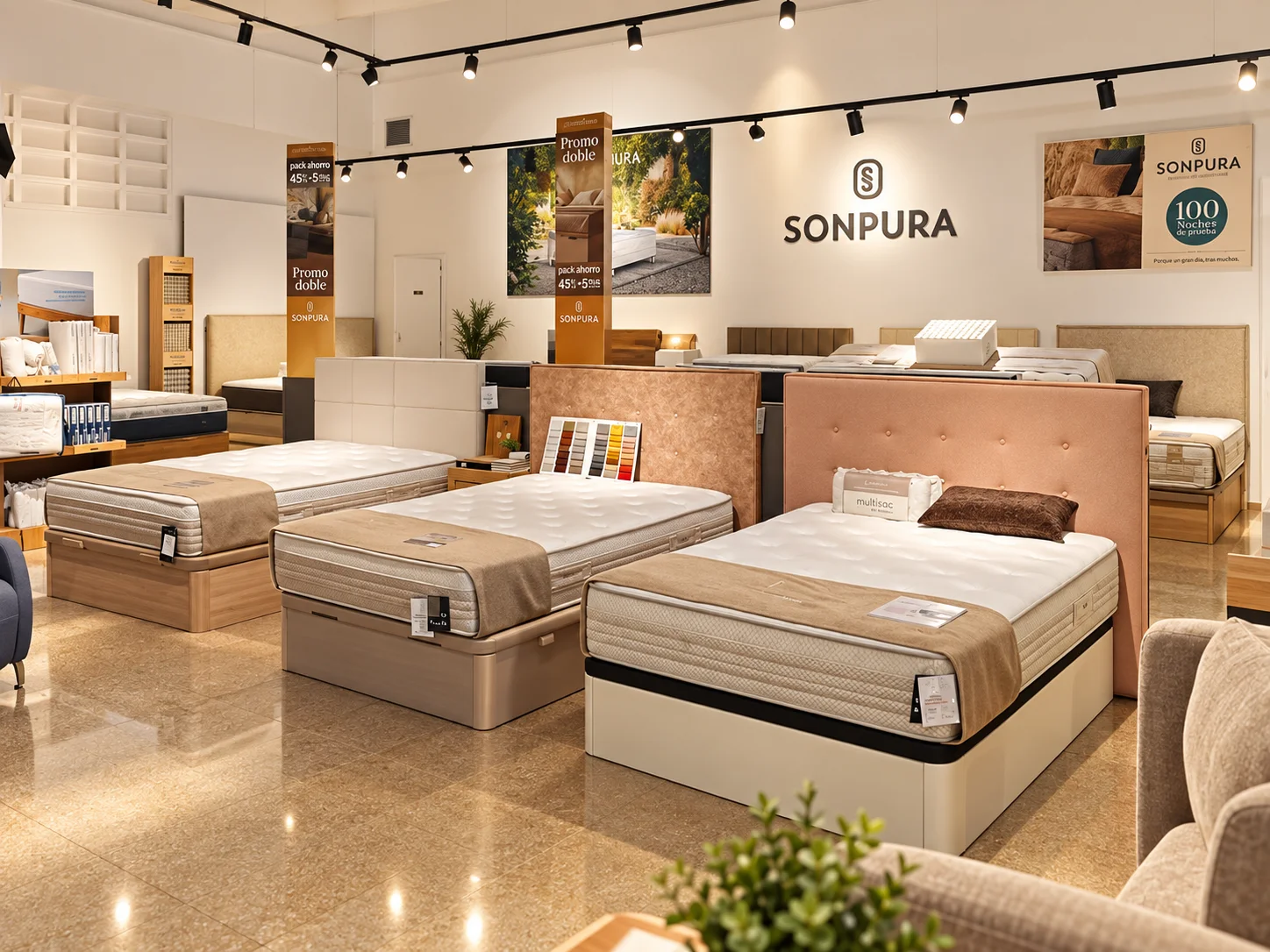 Zona Sonpura con camas, cabeceros y canapés en la tienda de L’Hospitalet